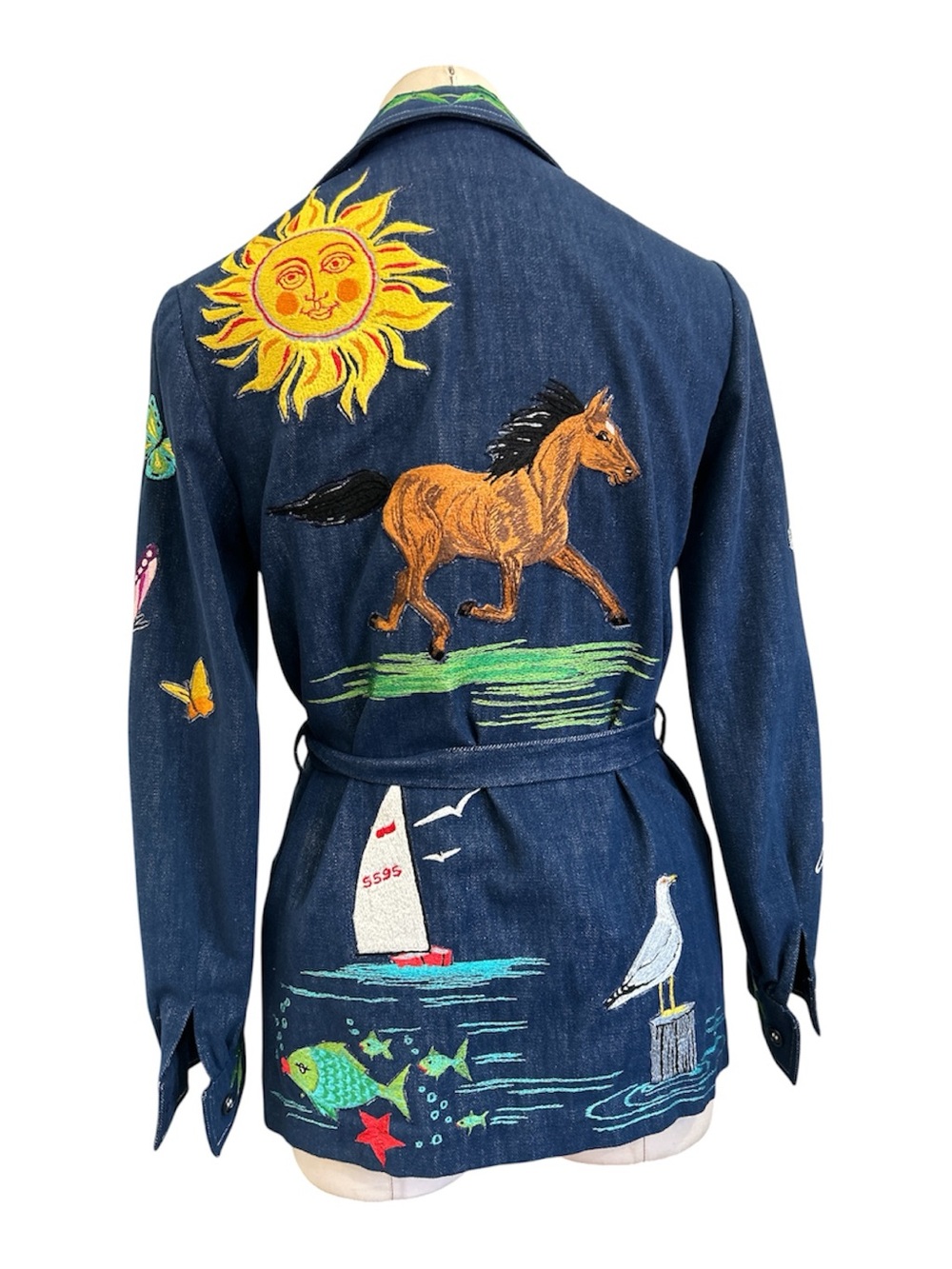 70’s custom handmade embroidered appliqué brushed denim jacket, blue size small
